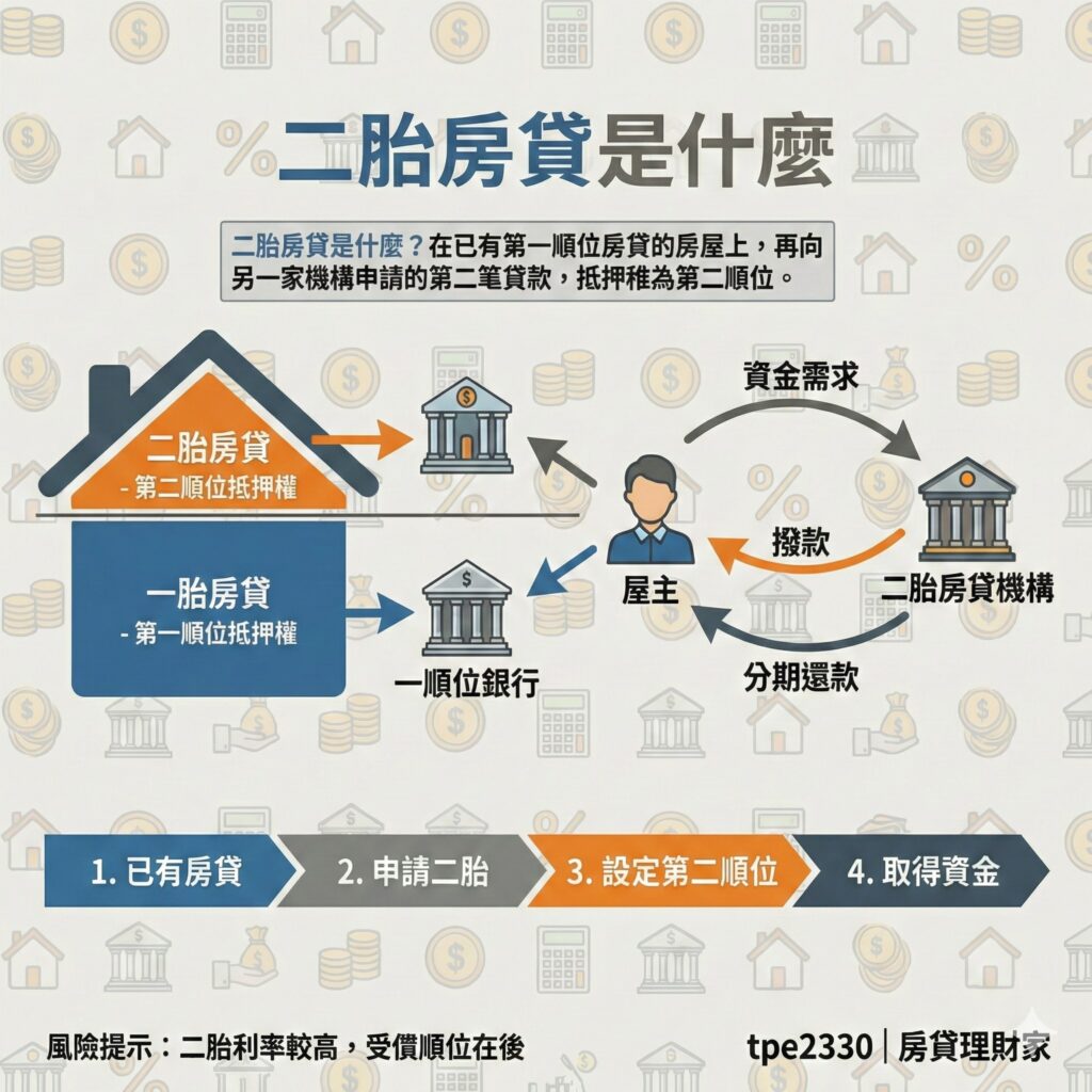 二胎房貸是什麼?在已有第一順位房貸的房屋上,在姓另一家機構申請的第二筆貸款,抵押權為第二順位。